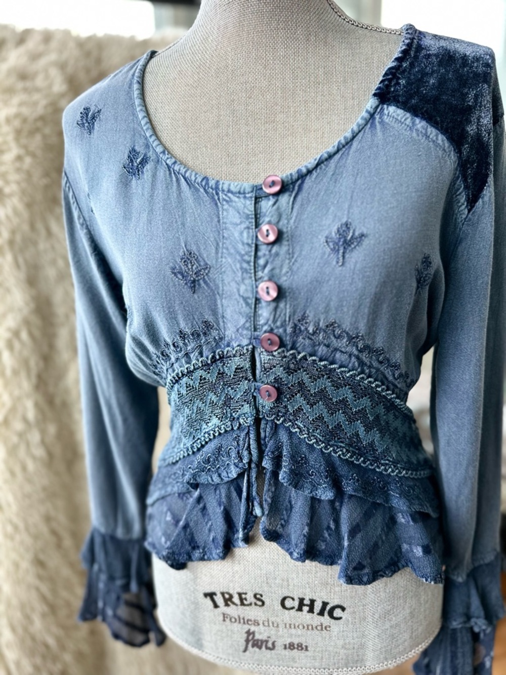 Soho Clothing Company Bohemian Embroidered Button-Front Peplum Top